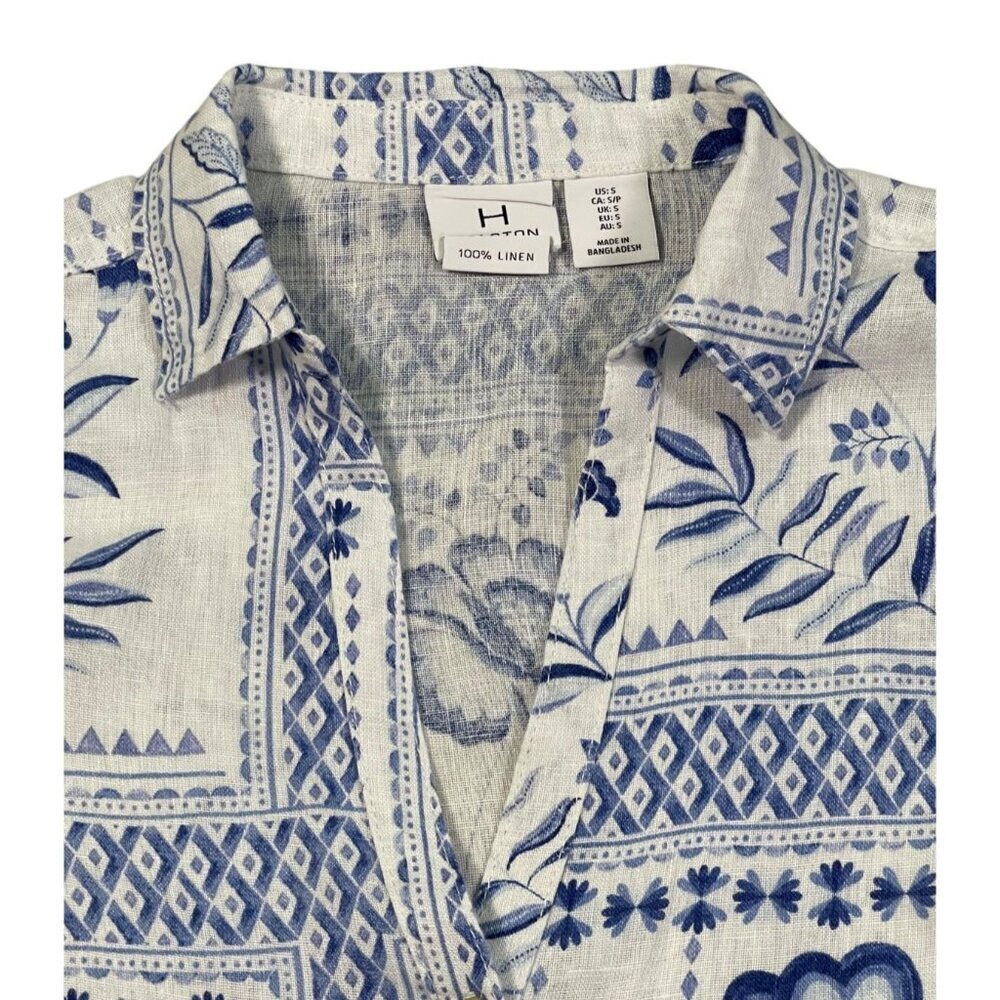 H by Halston Women’s Small Linen Blue White Floral Blouse - Picture 5 of 9
